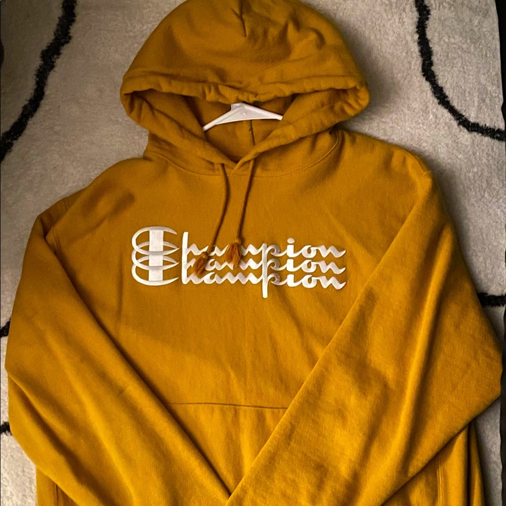 CHAMPION x Urban Outfitters Yellow, Embroidered, Triple Logo Reverse Hoodie
